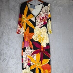 THE KIT. Womens Large Black Orange Floral Orchid V-Neck 3/4 Sleeve Sheath Dress